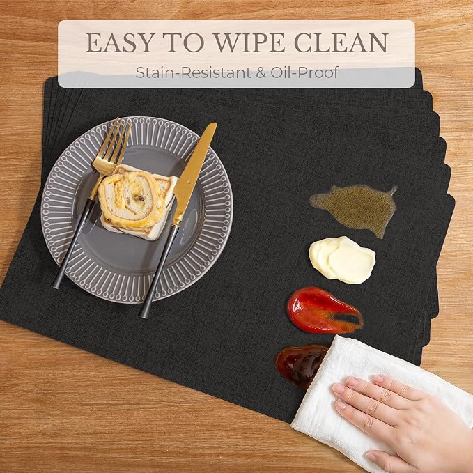 Romanstile Vinyl Placemats Set of 4-12 X 17 Inch - Faux Leather 100% Waterproof Wipeable Anti Slip Place Mats, Heat Resistant Reversible PU Table Mats for Kitchen Dining Party Outdoor, Black