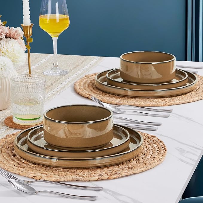 LIANYU Dinnerware Sets for 4, 12 Piece Modern Stoneware Dishes Set | Elegant Plate and Bowl, Ceramic Dining Dishware for Dinner, Rustic Terracotta Bottom, Microwave & Dishwasher Safe, Amber Gold