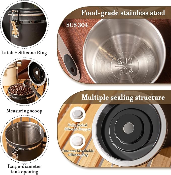 Garvee 2-Pack 22oz Stainless Steel Airtight Coffee Canister, 304 Stainless Steel Food Storage Container with Date Tracker and Measuring Scoop for Coffee Beans, Tea, Sugar, Cereal - Matte Black & Beige