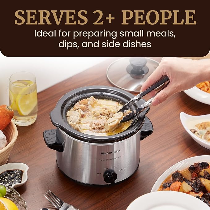 Maxi-Matic MST-250XS Electric Ceramic Slow Cooker, 1.5 Qt, Stainless Steel | Adjustable Temp, Dishwasher-Safe Glass Lid & Crock - Great for Entrees, Sauces, Stews & Dips
