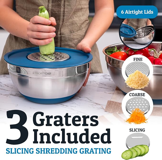 6Pc Stainless Steel Mixing Bowls with Lids Set, Huge 7 Qrt Size Metal Bowl Set for Kitchen, 3 Graters, Non-Slip Bases & Silicone Utensils Set, Blue