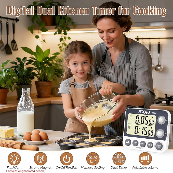 Digital Dual Kitchen Timer, 2Groups Count Up/Down Timer for Cooking | Large Display, Magnetic Back, Memory Presets, Loud Alarm, LED Alert, Stand, On/Off, 100Hr Max, 3A Battery Included