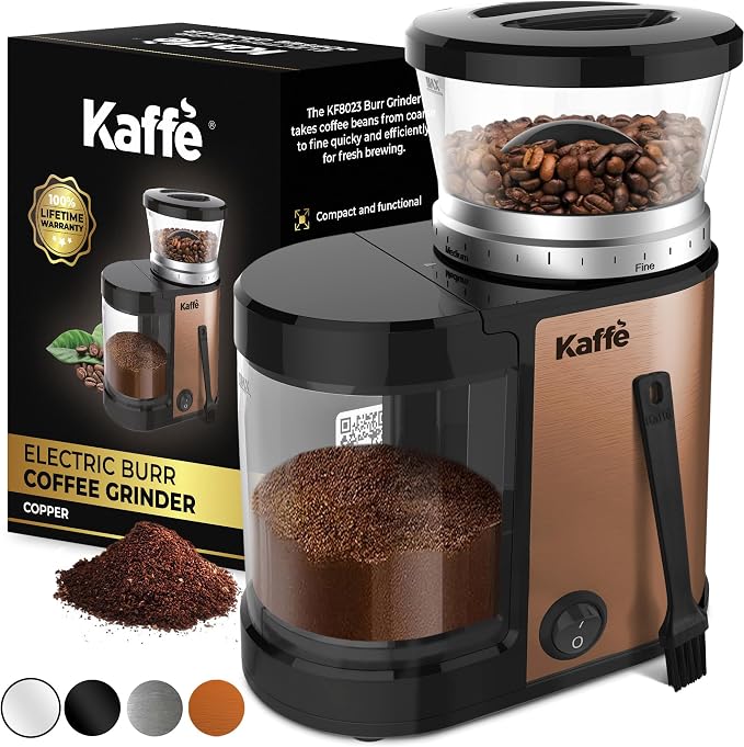 Kaffe Electric Burr Coffee Grinder (5.5oz) w/Adjustable Precise Coarseness Settings - Flat Burr - [Improved Motor] - Precision Coffee Bean Grinder for Home Use - Copper