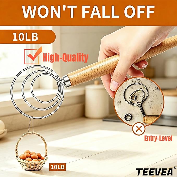 TEEVEA Danish Dough Whisk Wooden Handle Stainless Steel for Sourdough Bread | Dutch Dough Hook, Replaces Hand Mixer and Spoon, Bread Baking Tool, Food Grade Rust Resistant Steel, Non-Stick, Easy to Clean