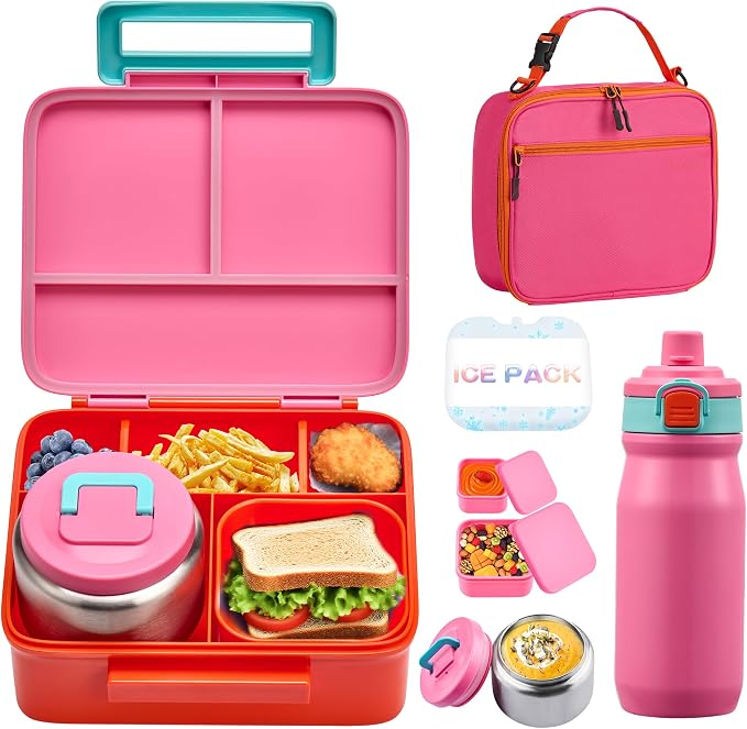 MAISON HUIS Bento Box for Kids with 8oz Soup Thermo, Leak-proof Lunch Food Containers with 5 Compartment, Insulated Lunch Bag & 17oz Stainless Steel Water Bottle for School, Trvael