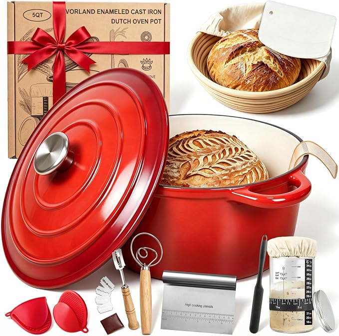 Enameled Cast Iron Dutch Oven Pot with Lid 5.5QT, Sourdough Bread Baking Supplies with Banneton Bread Proofing Basket Set & Starter Jar, Unique Dutch Oven for Bread Baking (Gradient Red)