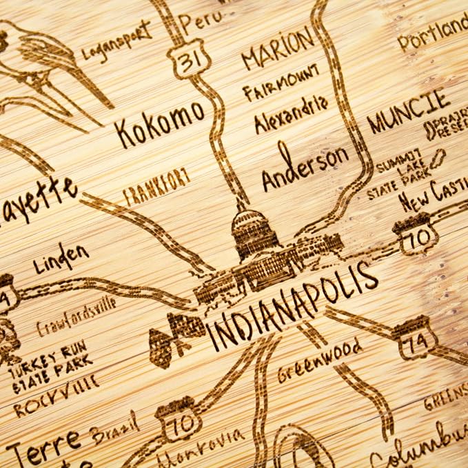Totally Bamboo A Slice of Life Indiana Engraved Map Cutting Board | 11” x 8.75” charcuterie board with engraved state map artwork. Smooth reverse side for food prep. Hang tie for wall display.