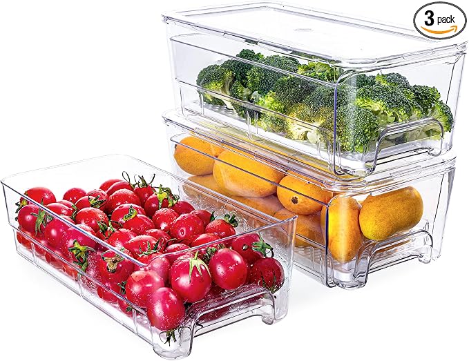 Imncya 3 Pack Fridge Organizer Bins, Refrigerator Organizers and Storage | Stackable Pull-Out, Refrigerator Drawers with Lids, Clear Design with Drain Tray, Fruits Vegetables Snack Storage Containers