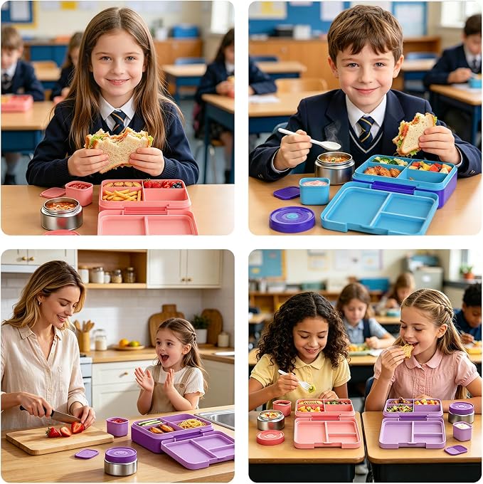 Bento Lunch Box Set for Kids with 8.5oz Hot Food Jar Leak-Proof Lunch Food Container with Insulated Lunch Bag for Toddlers Girls Boys Teens to School, Office, Picnic, Camping, Travel - Purple