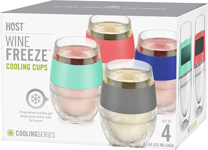 Host Freeze Plastic Wine Glasses for Red and White Wines, Gifts for Mom, Gifts for Women, Double Wall Insulated Wine Cooling Cups, Freezable Drink Chilling Tumblers, 8.5 oz, Set of 4, Assorted Colors