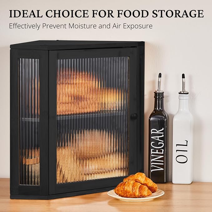 BRONYPRO Corner Bread Box for Kitchen Countertop, Double Layer Bamboo Breadbox with Adjustable Partition, Modern Bread Storage Organizer (Extra Large Black)