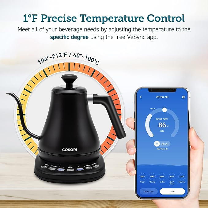 Cosori Smart Gooseneck Electric Kettle, App & Temperature Control, 0.8L | No Plastic Contact with Water, App Control, 4 Presets & Custom Temp (104–212°F), 60-Min Keep Warm, Pour Over Coffee & Tea