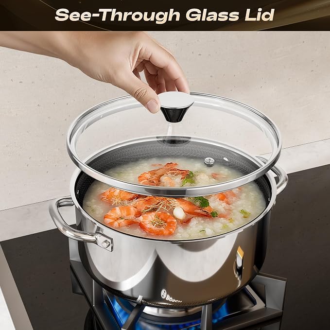 Hybrid Nonstick 2-Quart Stockpot,8 Inch Stainless Steel Stockpot with Glass Lid,PFAS PFOA PTFE Free, Dishwasher-Friendly, Oven-Safe Up to 600°F,Non-stick Soup Pot Compatible with All Cooktops