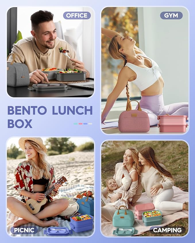 KEMETHY Adults Bento Lunch Box Set with Thermo Bag, 74oz Stackable Leak-proof 3-tiers Bento Box, Built-in Utensil and Sauce Container for Work, School, Dining Out (Purple)