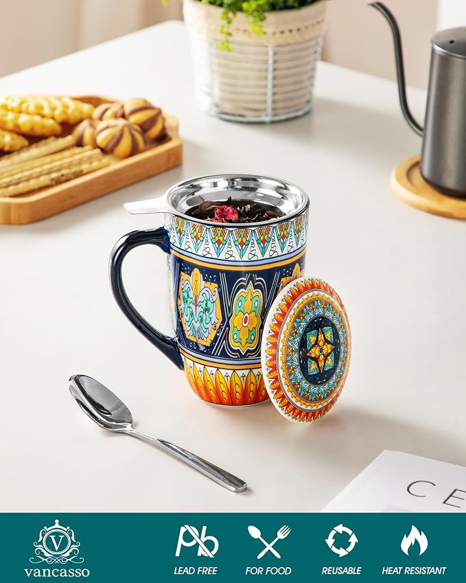 vancasso 18 Oz Tea Infuser Mug with Lid, Forest Daisy Drift | Eye-Catching Bohemian Pattern, Adds Charm to Any Tea Corner, Ceramic Mug with Infuser, Microwave and Dishwasher Safe