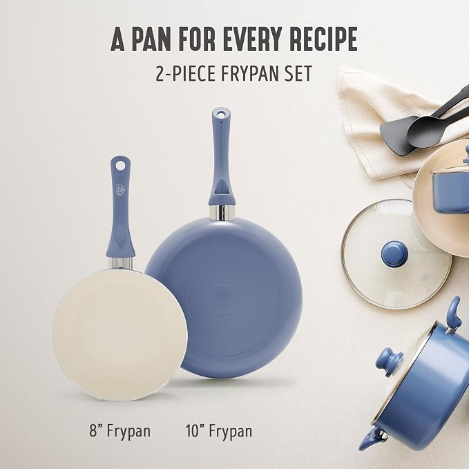GreenLife 2 Piece (8" & 10") Ceramic Nonstick Skillet Set, Slate Blue | PFAS-Free Nonstick Coating, Frying Pans, Omelet Pans, Everyday Pan, Induction Ready, All Stovetop Compatible, Dishwasher Safe