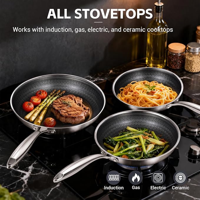Ammeloo Hybrid Tri-Ply Stainless Steel Frying Pan Set, 8"/9.5"/11" Cooking Pans, Non Stick Frying Pans and Skillets, Chef Pan, Non Toxic, Dishwasher Safe, Induction Compatible, Black Interior