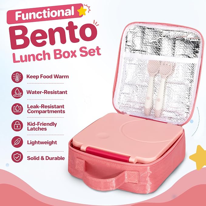 Bento Lunch Box Set for Kids with 8oz Soup Thermo, Leak-Proof Lunch Containers with 4 Compartment, Kids Thermo Hot Food Jar and Insulated Lunch Bag for Kid to School-Pink