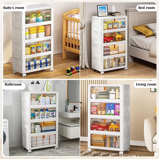 YFXCVSL 4 Tier Plastic Storage Bins with Lid 36QT, Stackable Storage Bins | Plastic Storage Bins with Wheels, Folding Storage Boxes, Organizers and Storage for Living Room,Office,Dorm