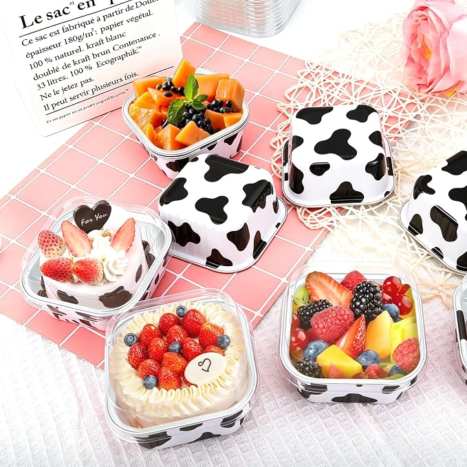 60Pack 5oz Cow Mini Cake Pans with Lids Baking Cups Aluminum Foil Pans Tins, Individual Dessert Cups Containers for Sales,Party,Picnics