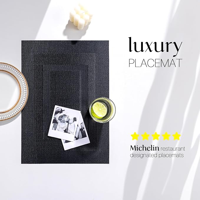LEXMORE Placemats Set of 4 Vinyl/Plastic Woven Place Mats for Kitchen Table Indoor/Outdoor Washable Placemat Wipeable Dining Table Mats(Black Cube)