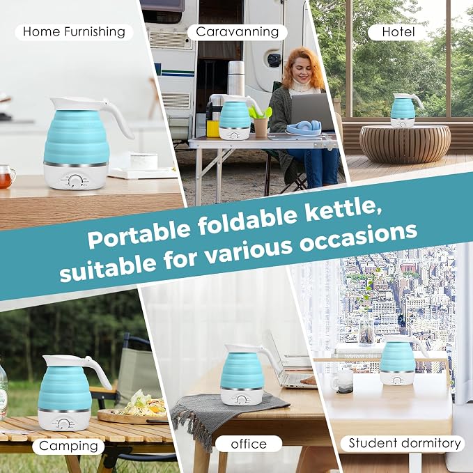 Travel Foldable Electric Kettle - 110V 700ml Collapsible Kettle Blue | 850W Small BPA-free Tea Pot for Camping Food Grade Silicone Travel Electric Collapsible Kettle for Tea & Coffee