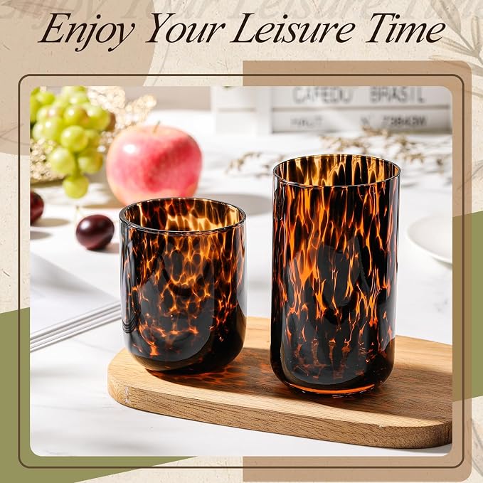 SiliFine Set of 2 Tortoise Shell Leopard Print Stemless Wine Glasses, 17oz & 14oz, Hand Blown Wine Glasses, Brown Glassware, Ideal Tumbler for Gin, Tequila, Gifts for Party