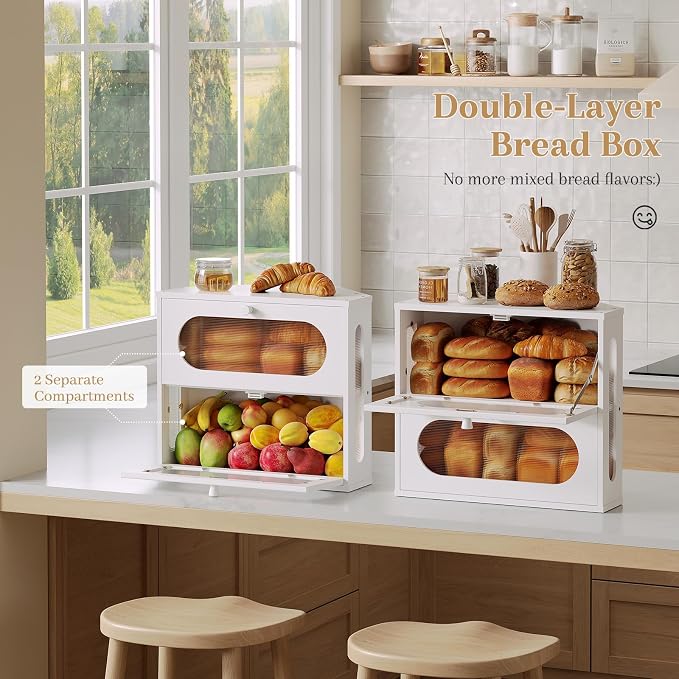 Corner Bread Box for Kitchen Countertop, 2026 New Double Layer Bamboo Bread Storage Bin, Large Bread Container for homemade bread (White)