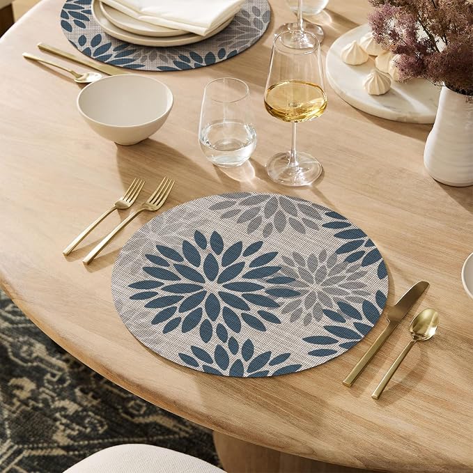 Artoid Mode Navy Dahlia Plastic Round Placemats Set of 4, 14 Inch Seasonal Wipeable Woven Vinyl Table Mats for Farmhouse Party Kitchen Dining Decor