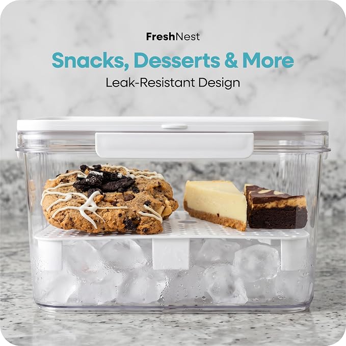 FreshNest 2 Pack Food Storage Containers with Lids, Drain Tray, Date Tracker & Carry Handle for Fruit, Lunch, Snacks, BBQ Prep, Picnic & Fridge Organization