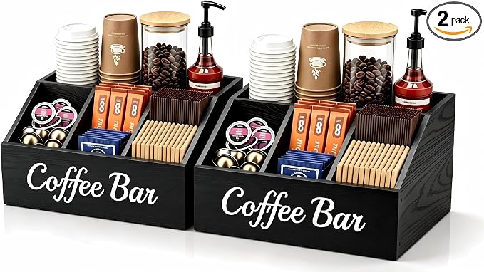 2 Pack Coffee Station Organizer for Countertop – Wooden Coffee Bar Organizer with Adjustable Dividers,Holds K Cup Pod & syrup bottles, for Kitchen, Office, or Bar and Tea Station, Black