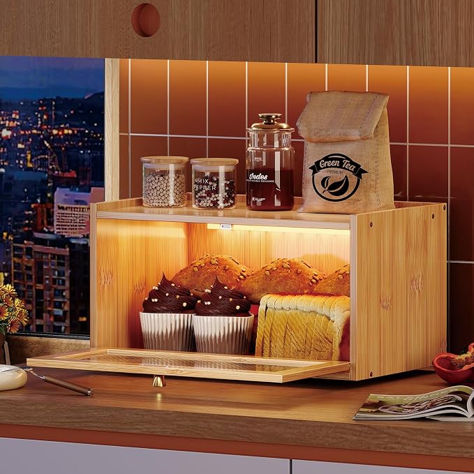 Trironsun Bamboo Bread Box with Led Light for Kitchen Counter Large Capacity Bread Storage Container Kitchen Countertop Organizer with Window Bread Holder (Natural Bamboo)