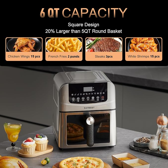 Stainless Steel Air Fryer Ceramic Coated Basket 6QT Dual-Blaze 450℉(Silver) | Non Stick Teflon-Free Premium Coat Healthy and Easy Clean, Max 450℉ Fast Cook in 1700W, Visible 8.27" for 2-3 Servings