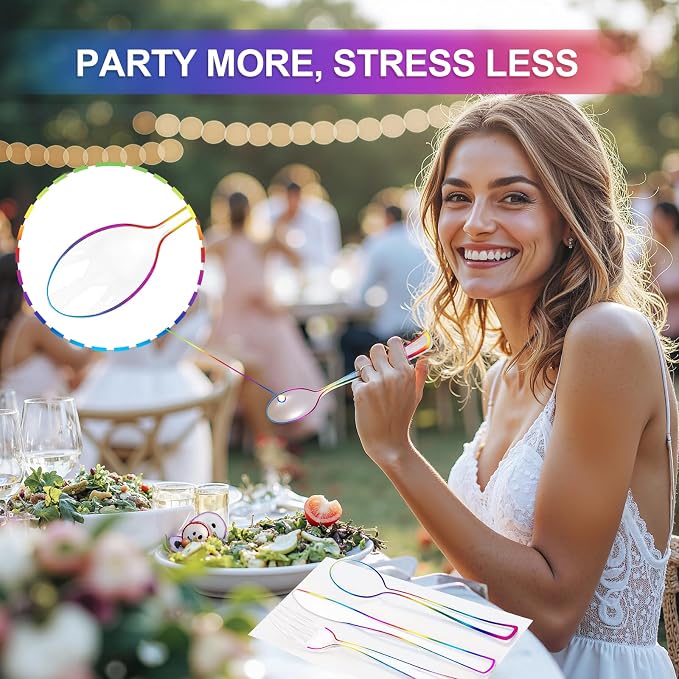 180 PCS Rainbow Plastic Silverware - Clear Colorful Cutlery Disposable Heavy Duty Include 60 Forks, 60 Knives and 60 Spoons - Colorful Disposable Utensils for Trolls Party/Birthday Party