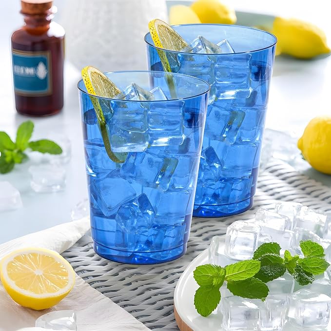 DaYammi 100 Pack Clear Blue Plastic Cups 10 Oz - Heavy Duty Blue Disposable Cups,blue Party cups Disposable Tumblers for Wedding,Birthday,Cocktails & Celebrations Reusable Drinking Glasses