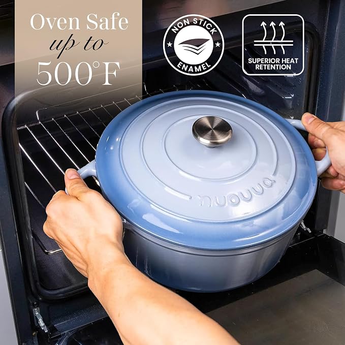 Nuovva Enamelled Cast Iron Dutch Oven Pot with Lid 6.4 Quart Non Stick Casserole Pot-Heavy Duty & Oven Safe up to 500° F for Bread Baking, Braising, Stews, Roasting - 28cm Coastal Blue
