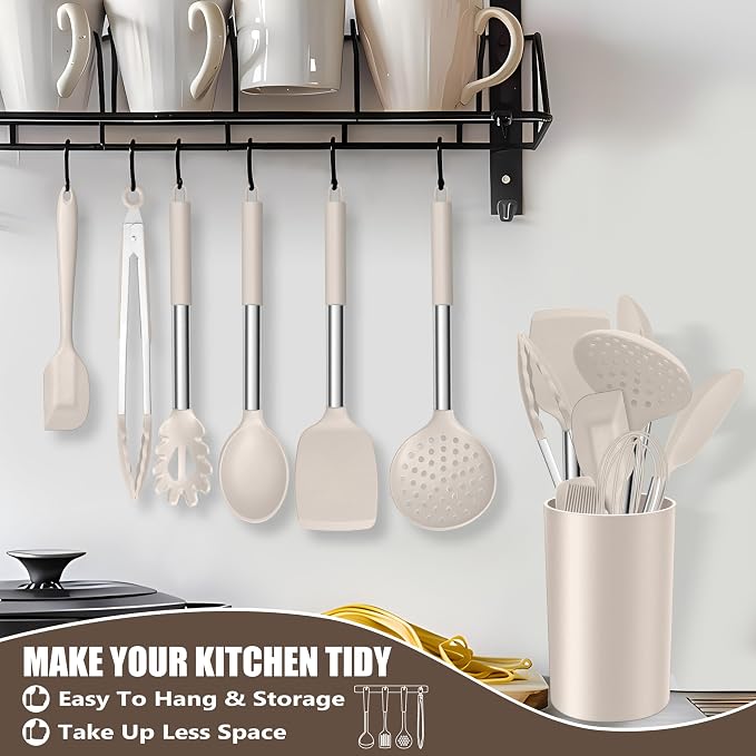 E-far 14 Pieces Silicone Cooking Utensils Set, Kitchen Utensils Set with Holder, Spatula, Ladle, Spoon, Tong, Slotted Turner for Nonstick Cookware, Heat Resistant & Stainless Steel Handle, Khaki