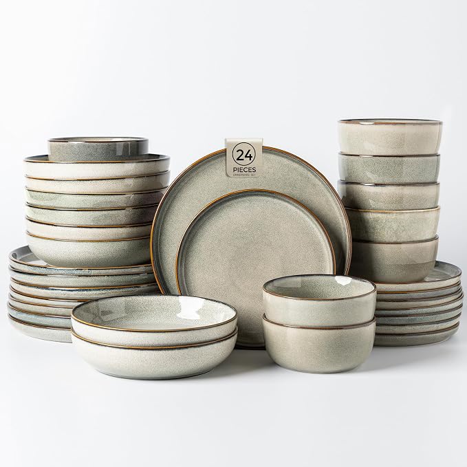 GBHOME Dinnerware Sets for 6, 24 Pieces Ceramic Plates and Bowls Set | Scratch Resistant Stoneware Dishes Set, Dishwasher & Microwave Safe, Reactive Glaze-Green Wheat