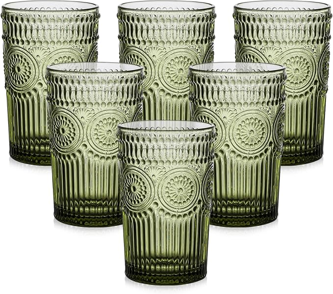 ZMOWIPDL Drinking Glasses Set of 6,13oz Flower Design Green Glass Cups | Vintage Glassware,Textured Tumblers,Embossed Striped Drinkware for Water,Cocktails,Juice,Iced Coffee