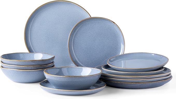 AmorArc Ceramic Dinnerware Sets for 4, 12Pcs Plates and Bowls Sets Dishes | Stoneware Handmade Reactive Glaze Dinner Set, Highly Scratch Resistant | Dishwasher & Microwave Safe Dishware