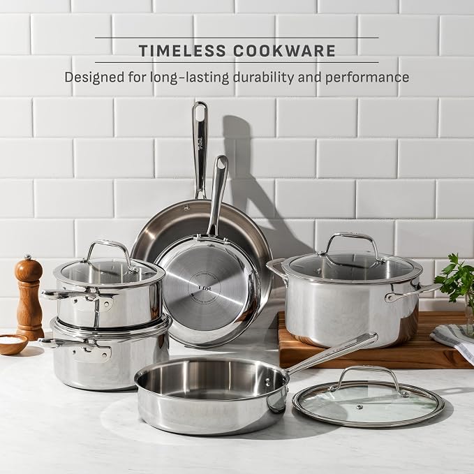 T-fal Pro Tri-Ply Stainless Steel 10-Piece Induction Cookware Set | NSF-certified, oven safe to 500°F, glass lids to 350°F, measuring marks inside, all cooktops including induction