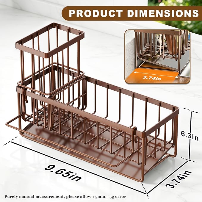 Slanted Sponge Holder for Kitchen Sink, Stainless Steel Sink Caddy Multi Sponge Holder, Small 9.65" × 3.74" × 6.3" Organizer for Apartment, Dorm, RV, Small Kitchen Countertop (Brown)