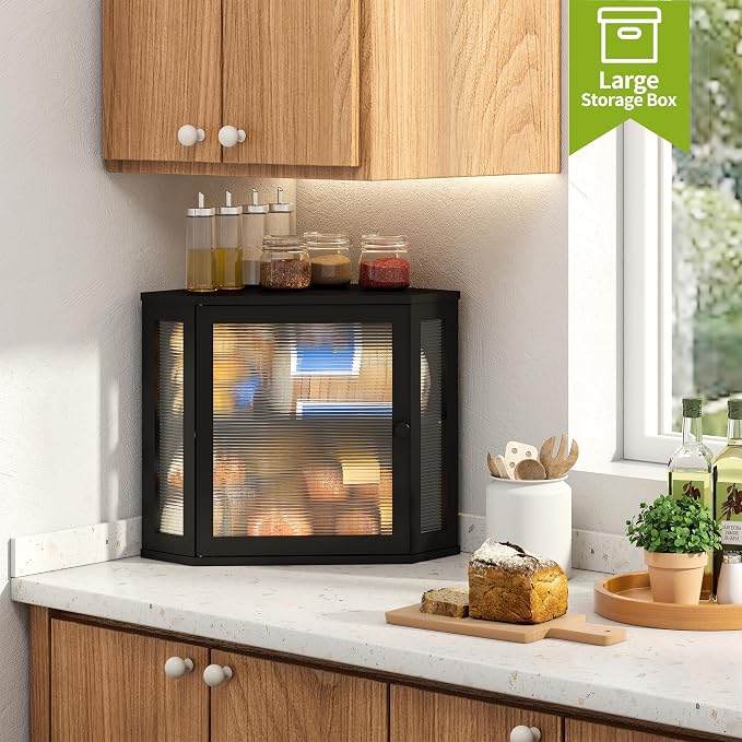 BMOSU Corner Bread Box for Kitchen Countertop Double Layer Bamboo Wooden Bread box Large Capacity Bread Storage Bin(Black, Medium)