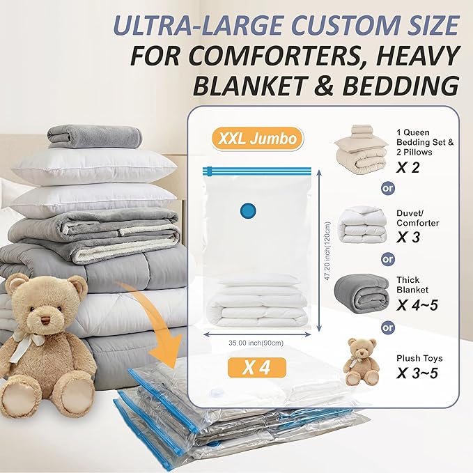Cozy Essential Vacuum Storage Bags, 80% Compression Vacuum Seal Space Saver Plastic Packaging Bags for Clothes, Blankets, Pillow, Bedding, Comforters, Sealer Clothing Storage,4 XXL Jumbo