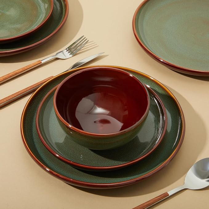 Stoneware Dinnerware Sets, Ceramic Plates and Bowls Set, Microwave & Dishwasher Safe Kitchen Dishes, Modern Dinner Salad Plates | Cereal Bowls, Dishware Sets Service for 4 Sage Green