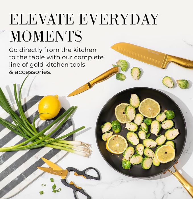 Styled Settings Gold Knife Set with Block and Built-In Sharpener, 14-Piece | Full Tang Titanium-Coated Stainless Steel Gold Kitchen Knife Set with Self-Sharpening Block, Gold Kitchen Accessories