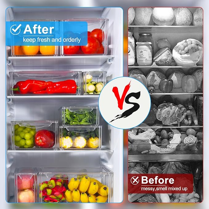 KUMD 10-Pack Clear Fridge Organizer Bins with Lids, Stackable Refrigerator Storage Containers, BPA-Free with Drain Tray & Anti-Slip Base for Fruits, Veggies, Drinks