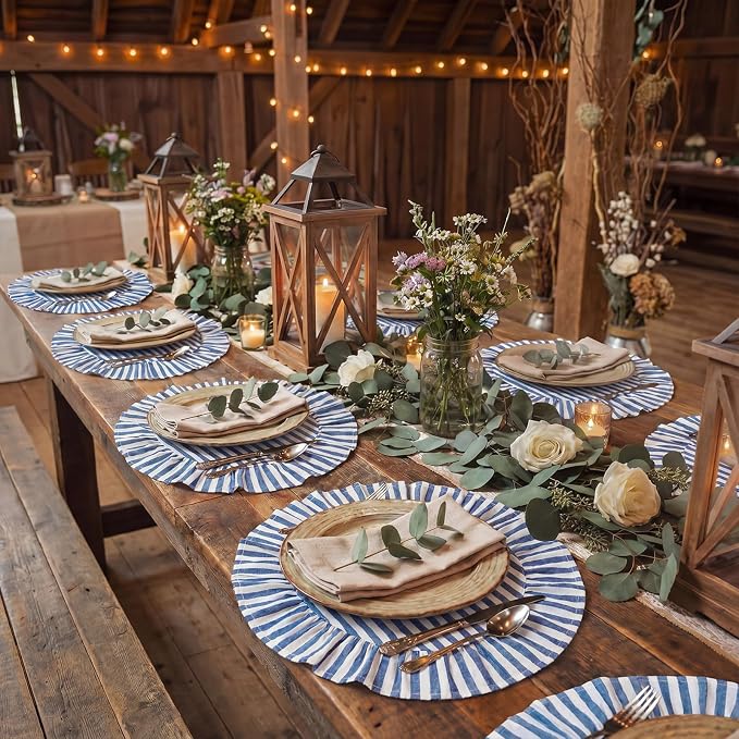Set of 6 Blue and White Placemats Round Costal Striped Ruffled Table Placemats 15 Inch Cloth Vintage Farmhouse Boho Circle Mat for Summer Birthday Beach Party Table Decorations