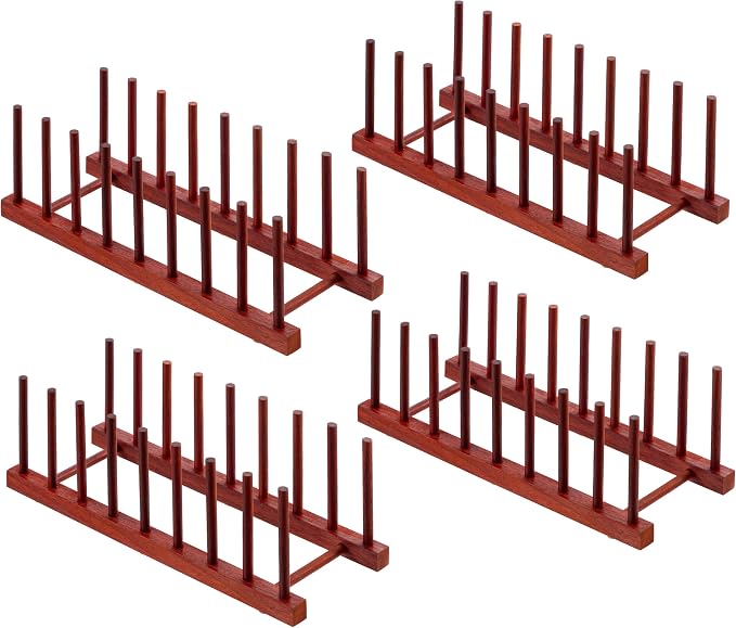 HBlife 4 Packs Rosewood Wooden Dish Drying Rack Plate Organizer for Cabinet | 8 Slots, Home and Kitchen Organizer, For Cups, Bowls, Pots, Lids, Cutting Boards & Plates, Space-Saving for Cabinets Counters