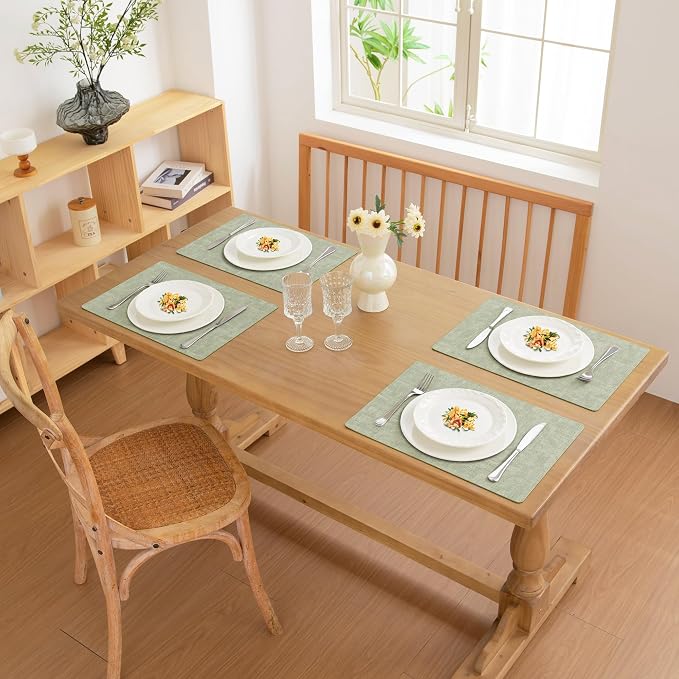 FROMHEART Faux Leather PU Placemats Set of 6 (Light Green,11.8" x 17") | Waterproof,Heat/Oil Stain-Resistant Table Mat–Reversible,Non-Slip,Easy to Clean Place Mats for Kitchen,Dining,Indoor/Outdoor